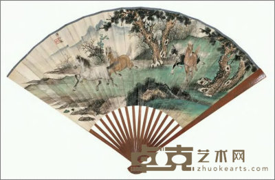 溥佺 松林四骏图 扇面 19.5×51cm
