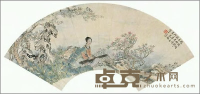 周权 弹琴赏秋图 扇面 20×56.5cm