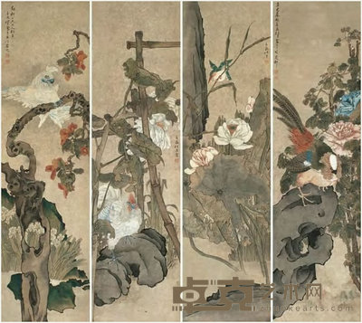 任薰 四季花鸟 四屏 143.5×39.5cm×4