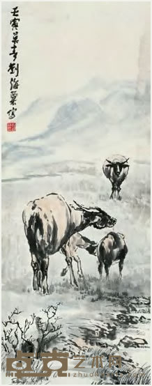 刘海粟 四牛图 轴 93.5×36.8cm