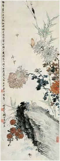 钱松喦 菊石草虫图 轴94×34.4cm