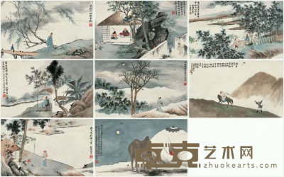 吴榖祥 山水人物册 册 （八开） 21.5×35cm×8