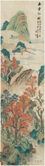 黄山寿 白云红树图 轴 171×41cm