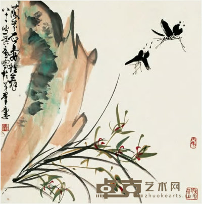 许麟庐 兰芬石寿蝶舞 镜心 67.5×68.5cm