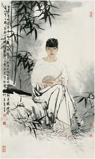 何家英 竹林少女 镜心107×64cm