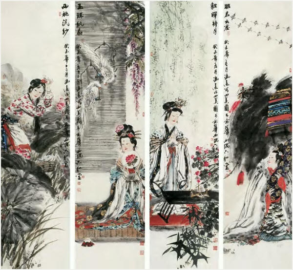 冯远 四美图 镜心135×34cm×4
