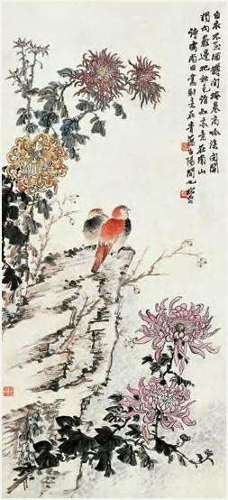 钱松喦 菊石小鸟 立轴92.5×42.4cm