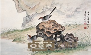 梁纪 1990年作 寿石双鸟 镜心 40×66cm