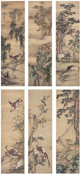 沈铨 壬戌（1742）年作 花鸟走兽 六屏