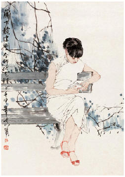 何家英 藤下读书图 镜心63.5×46cm