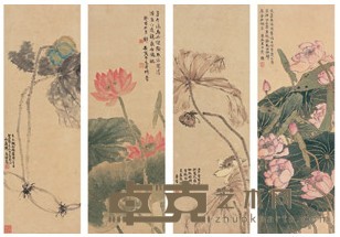 郑曼青 癸酉（1933年）作 荷花四屏 立轴 101×34cm×4