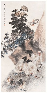 任伯年 癸巳（1893年）作 菊石群鸡 立轴