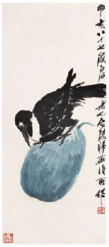 齐白石 丁亥（1947年）作 白项乌与瓜 立轴