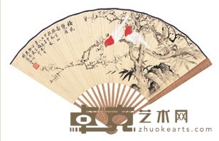 吴野洲 李泽予 甲申(1944年)作 梅花双雀 前赤壁赋 成扇 18.4×51cm
