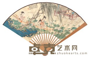 张晋 郑国祥 丁亥（1947年）作 兰桨采荷 怀归诗 成扇 18.2×49cm