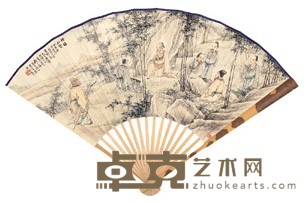 钱一海 潘龄皋 乙亥（1935年）作 竹林七贤 论端砚 成扇 18.7×51cm