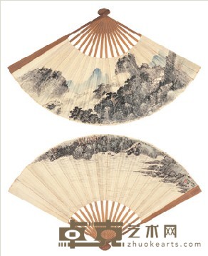 胡佩衡 戊辰(1928年)作 逆向联景双面画扇 成扇 17.2×50cm