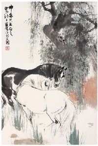 刘旦宅 甲子(1984年)作 柳荫双马 镜心