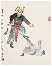 关良 丁巳(1977年)作 风雪山神庙 镜心