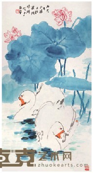 杨潮 荷叶鹅趣图 90×49cm