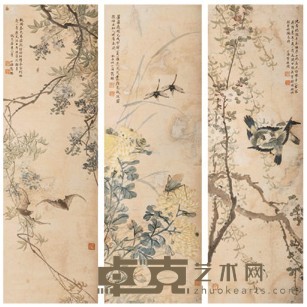 俞小海(清) 花鸟虫趣 三屏 81×27cm×3