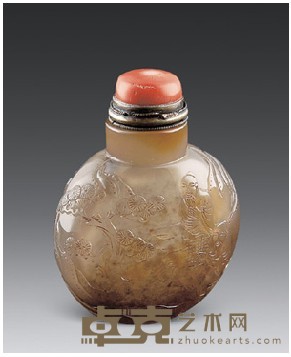 玛瑙雕松下二人对弈鼻烟壶 高7.5cm