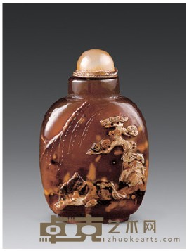 影子玛瑙雕松下骏马鼻烟壶 高7.2cm