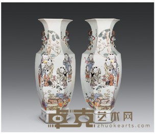 民国 点彩婴戏六角花瓶 口径20×63cm