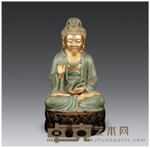 龙泉窑贴金观音坐像 13.2×21cm