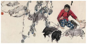 史国良 饲猪图 镜心65×132cm