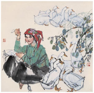 史国良 织衣图 立轴68×68cm