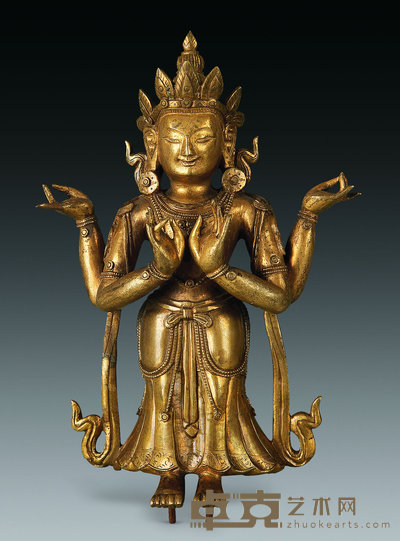清中期 铜镀金四臂观音像 高16cm