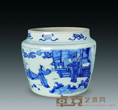 清康熙 青花人物粥罐 直径22cm