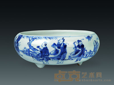 清康熙 青花八仙人物三足炉 直径24cm