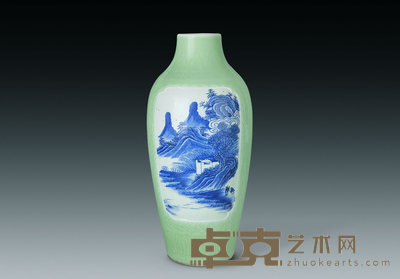 清 豆青釉开光青花山水纹橄榄瓶 高29cm