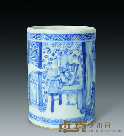 清康熙 青花“梦笔生花”笔筒 高12.5cm