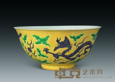 清 黄地双龙纹碗 直径18.5cm
