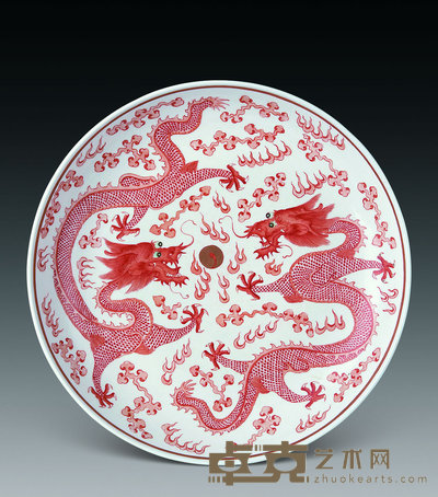 清光绪 矾红双龙纹大盘 直径34cm