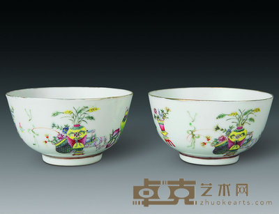 民国 粉彩博古碗(一对) 直径10cm