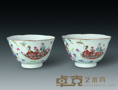 清同治 粉彩人物花口杯(一对) 直径10cm