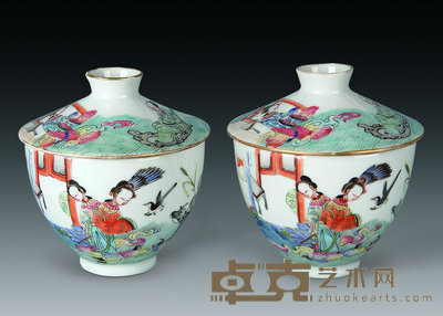 清道光 粉彩人物糖盖缸(一对) 直径10.5cm