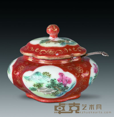 清乾隆 珊瑚红釉开光粉彩山水水盂 直径6.5cm