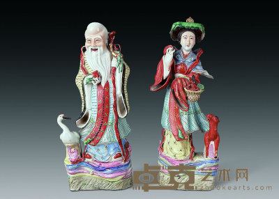 民国 粉彩寿星 麻姑塑像（两件） 高37.5cm