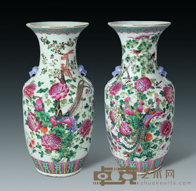 清 粉彩花鸟瓶（一对） 高43cm