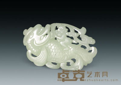 清 白玉刻童子骑鱼化龙珮 7.3×4.5cm