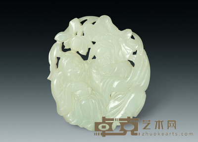 清 白玉刻和合二仙圆牌 直径6.6cm