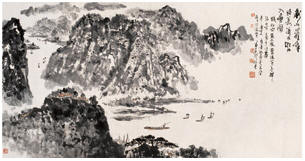 钱松喦 张文俊等 辛酉（1981年）作 山水 横幅56×128cm