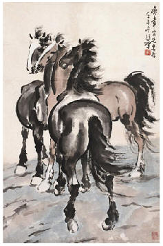徐悲鸿 1942年作 三骏图 立轴81×53cm