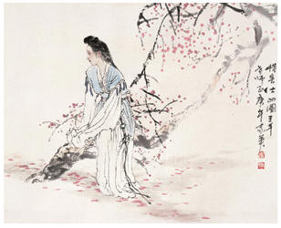 何家英 1990年作 惜春仕女图 镜心42×52cm