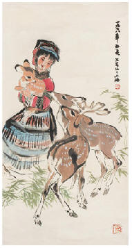 刘旦宅 少女与鹿 立轴99×53cm